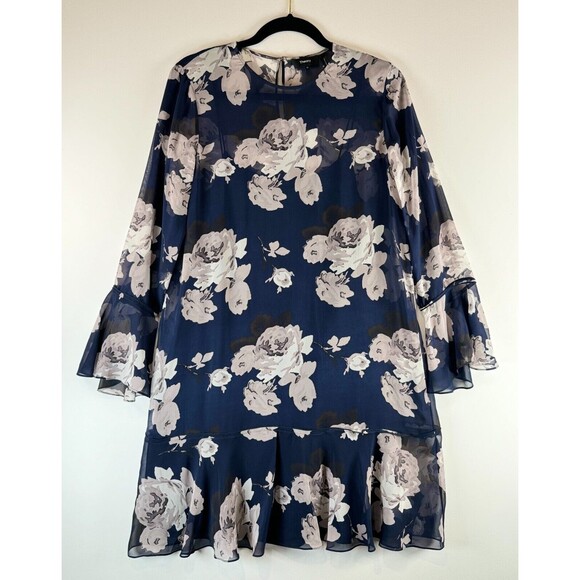 Theory Women Dress Blue Marah Distressed Floral Chiffon Mini A Line Boho Size 10 - Picture 2 of 9